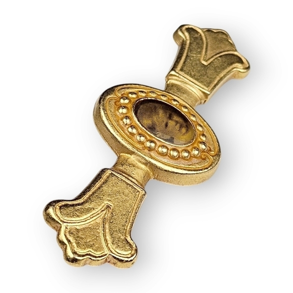 Antique Etruscan Revival Bar Brooch Baby Photo Brushed Gold Plate Fleur De Lis - Picture 2 of 8